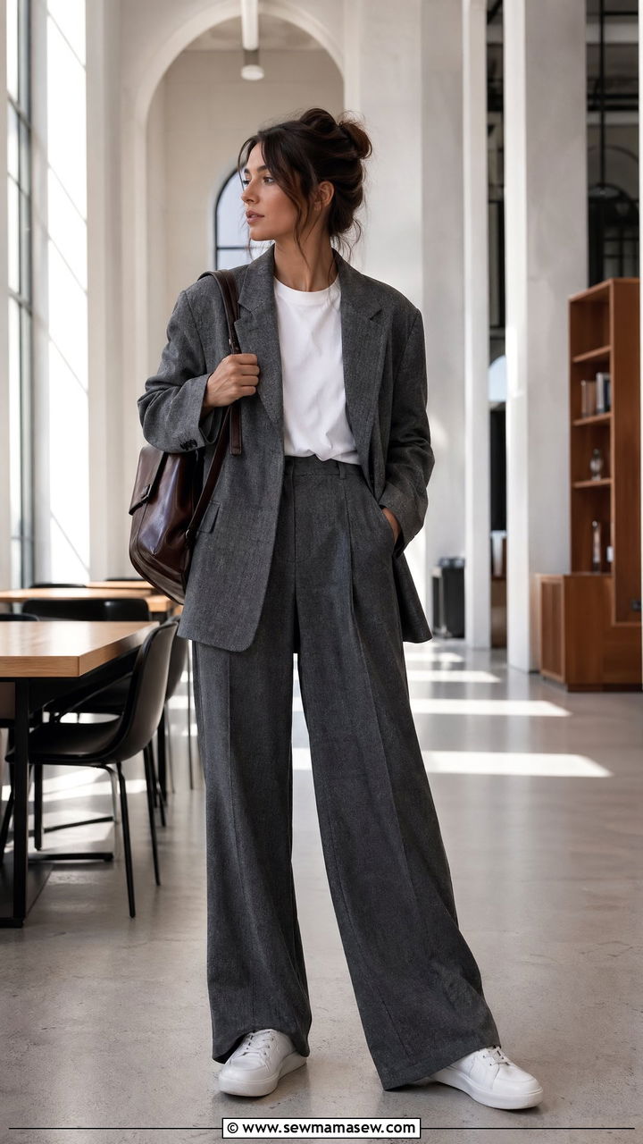 Grey Flannel Suit Outfit With White Tee And Sneakers - 35 Dark academia outfit ideas