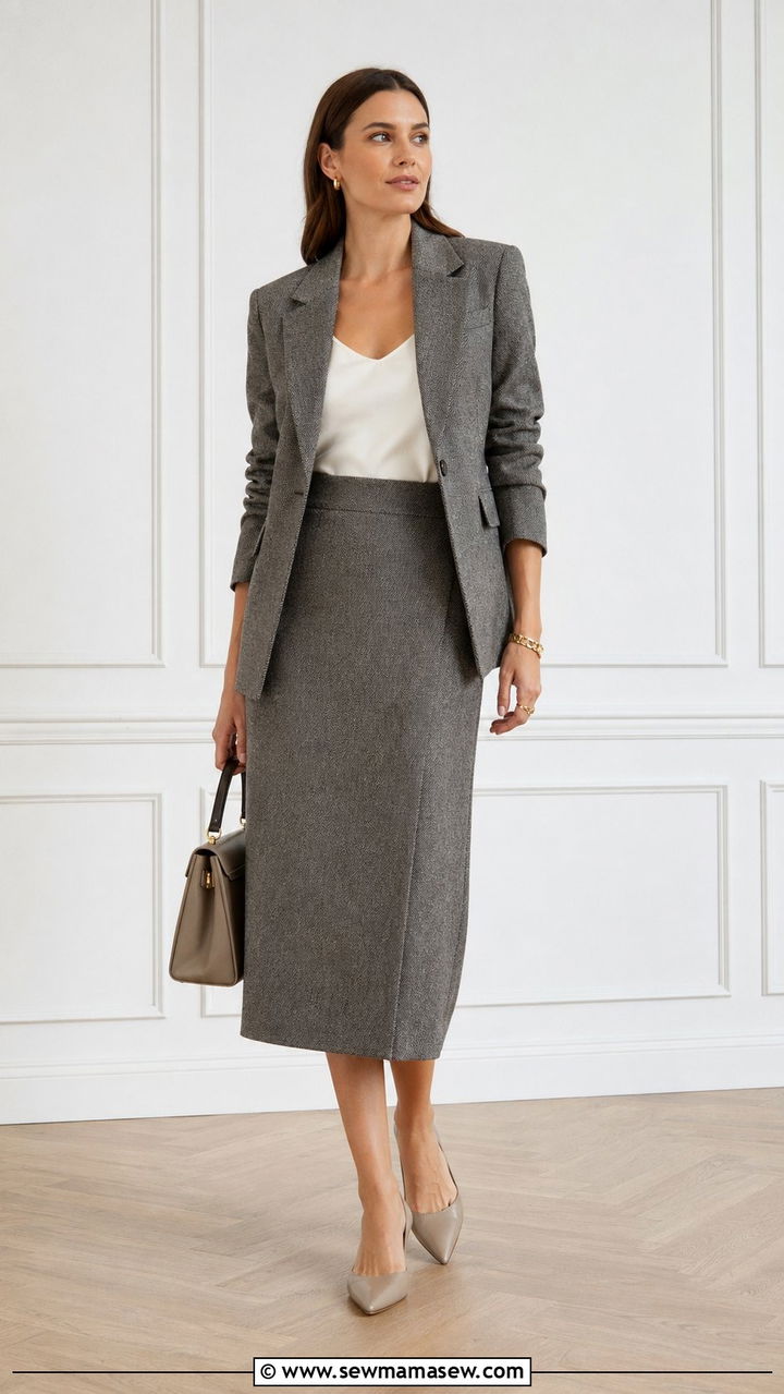 Grey Herringbone Midi Skirt Suit - 35 Quiet luxury outfit ideas summer 2026