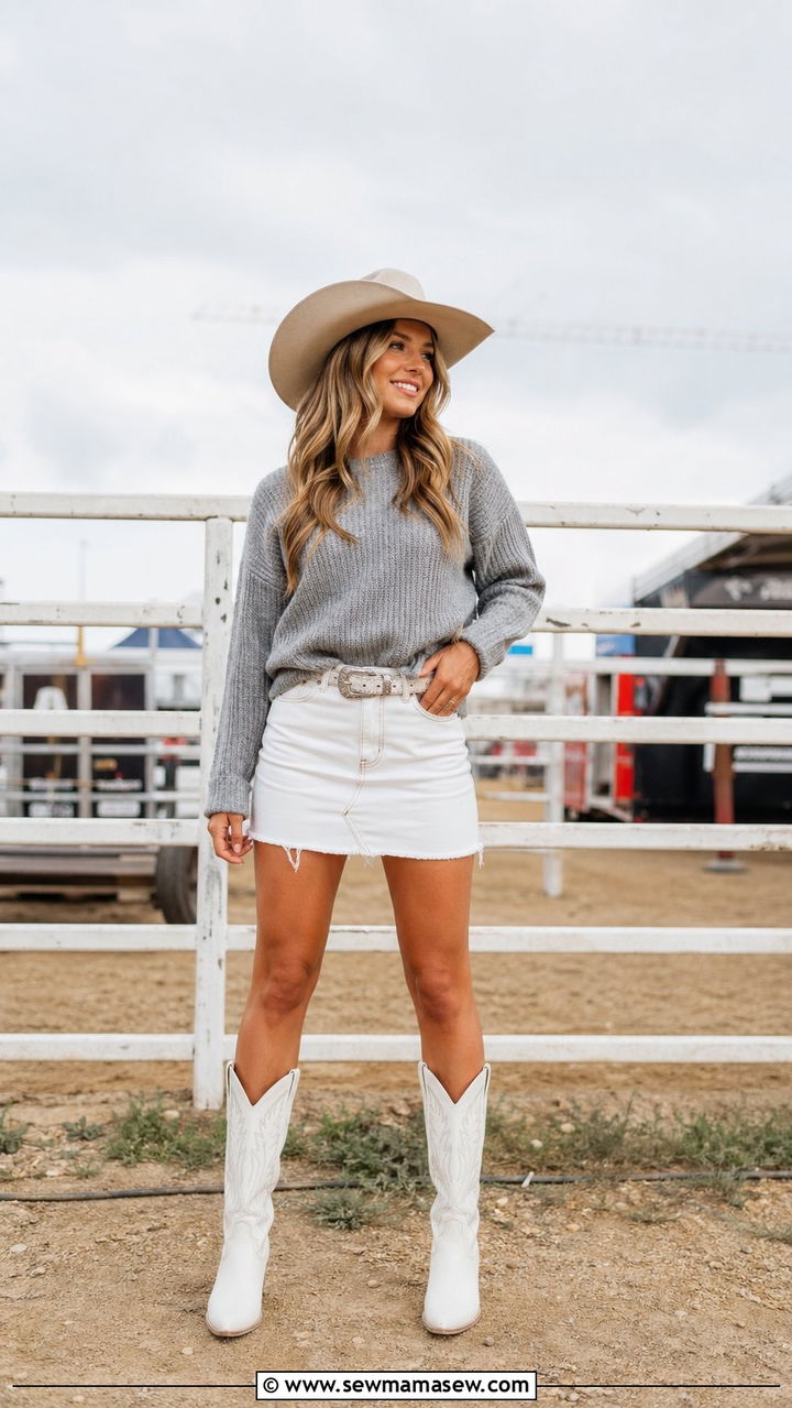 Grey Knit Sweater with White Mini Skirt and White Cowboy Boots - 35 Rodeo outfit ideas for women