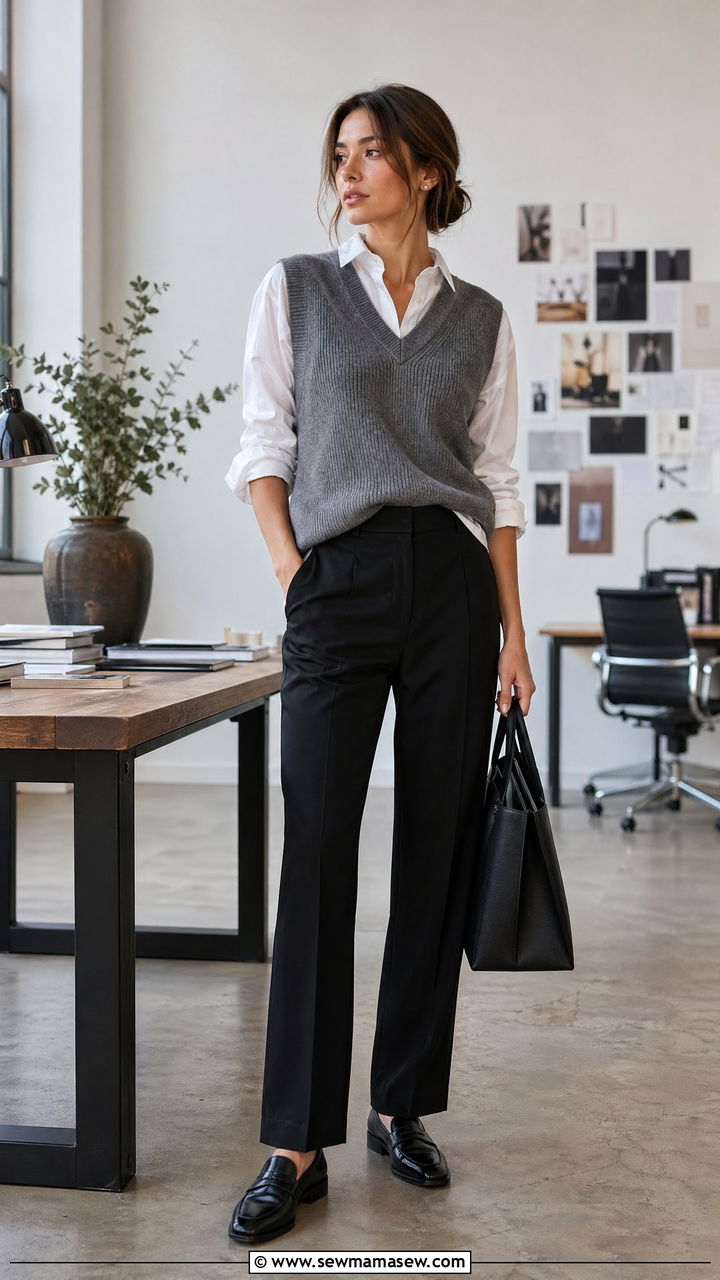 Grey Knit Vest With Black Tailored Trousers Outfit - 35 Classy summer outfits