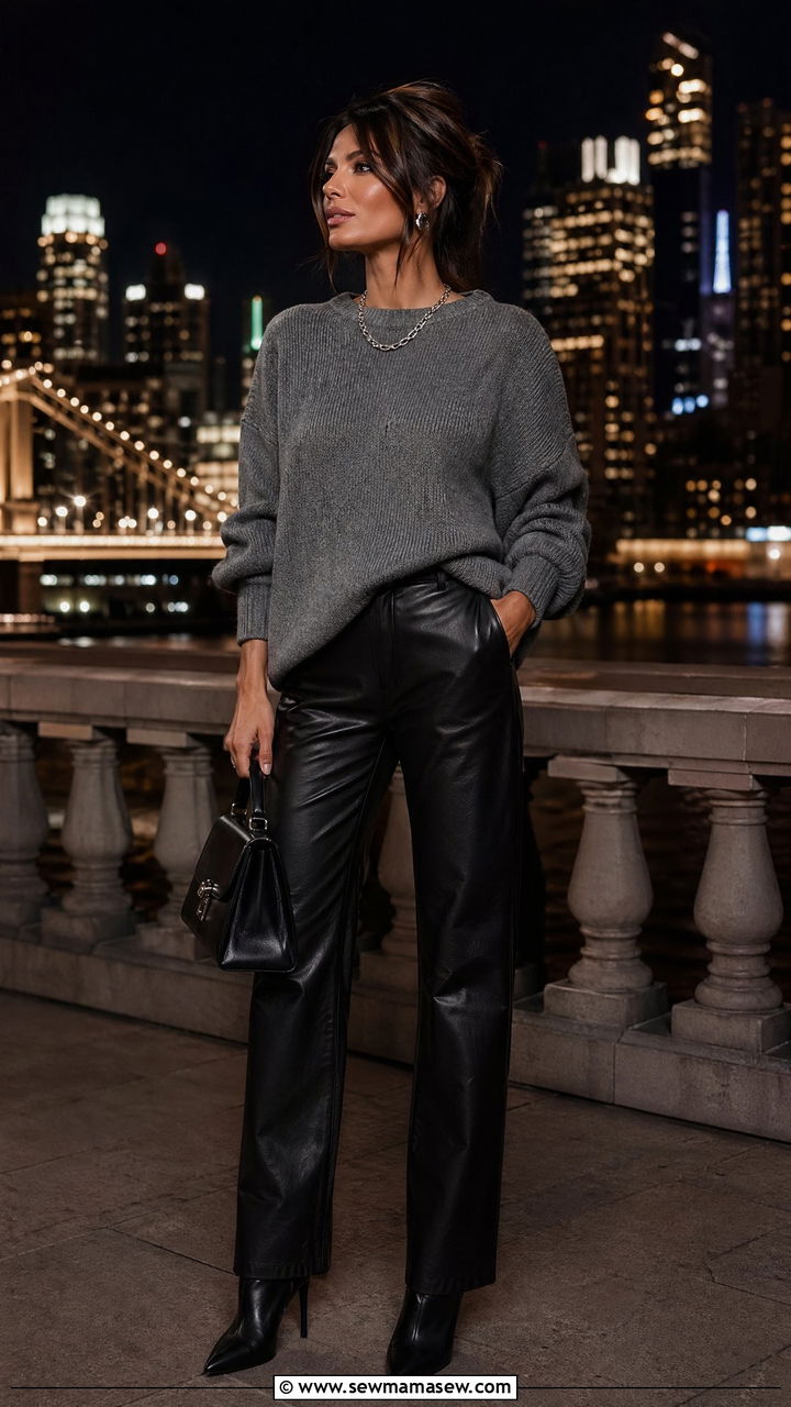 Grey Knit and Black Leather Trousers Outfit - 35 classy quiet luxury outfit ideas