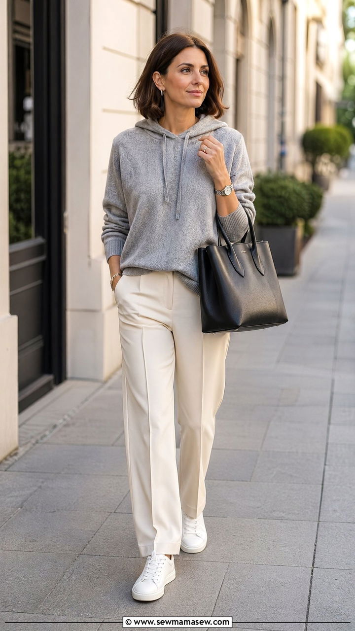 Grey Marl Cashmere Hoodie with Tailored Cream Trousers - 35 transitional quiet luxury outfit ideas