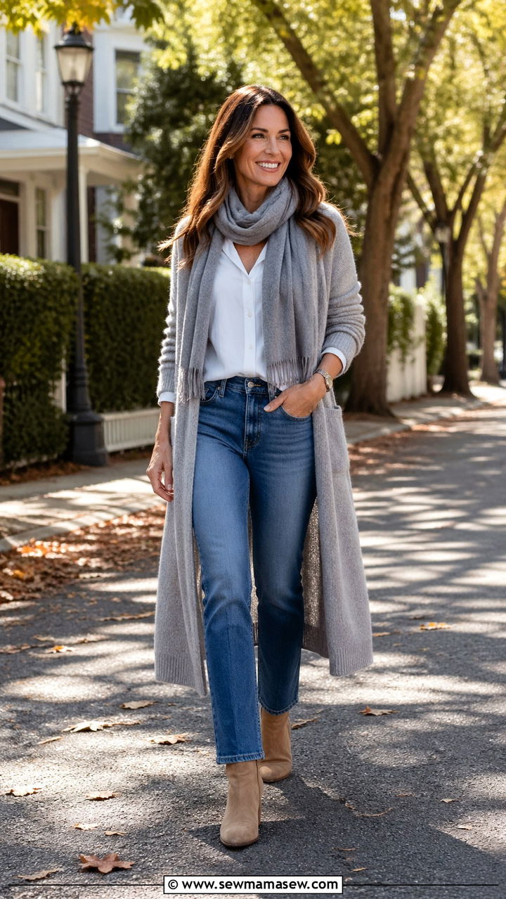 Grey Open Cardigan And White Shirt With Blue Jeans - 30 Spring capsule wardrobe minimalist