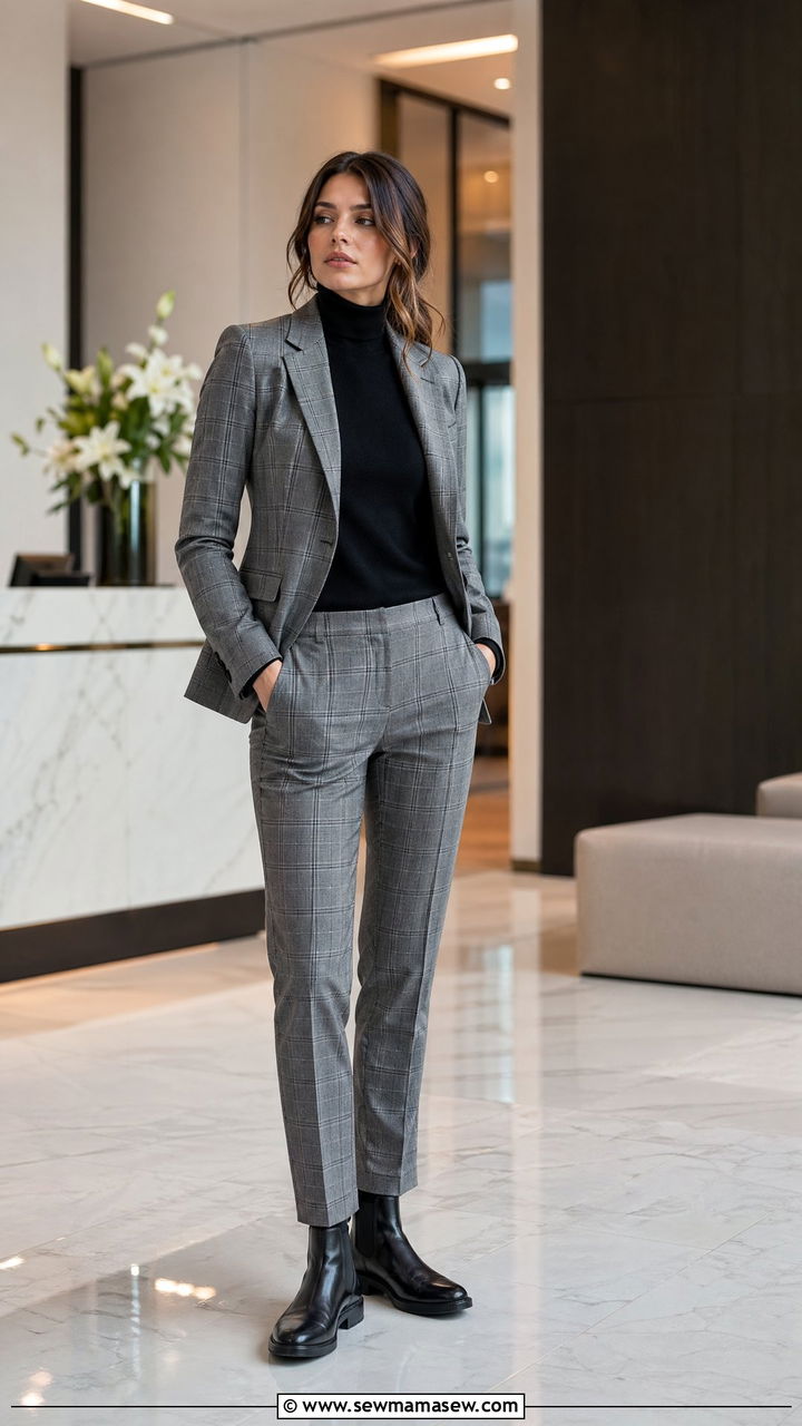 Grey Plaid Suit With A Black Turtleneck - 35 Conference outfit ideas
