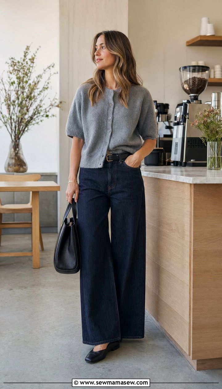 Grey Short Sleeve Knit with Dark Wide Leg Denim Outfit - 35 Scandinavian outfit ideas