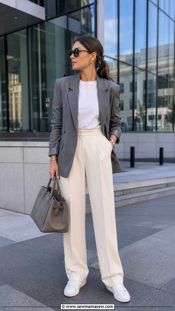 Grey Structured Blazer With White Top and Cream Trousers - 35 Clean girl outfit ideas 2026