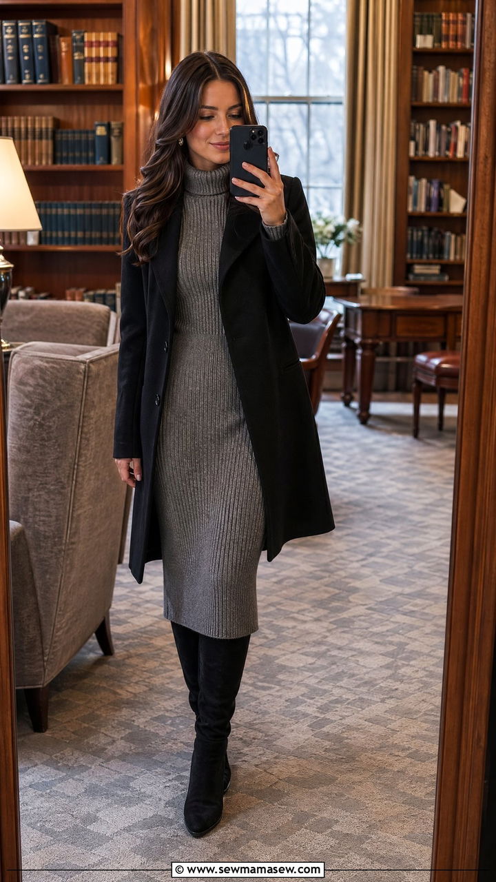 Grey Sweater Dress With Knee High Boots - 35 Conference outfit ideas