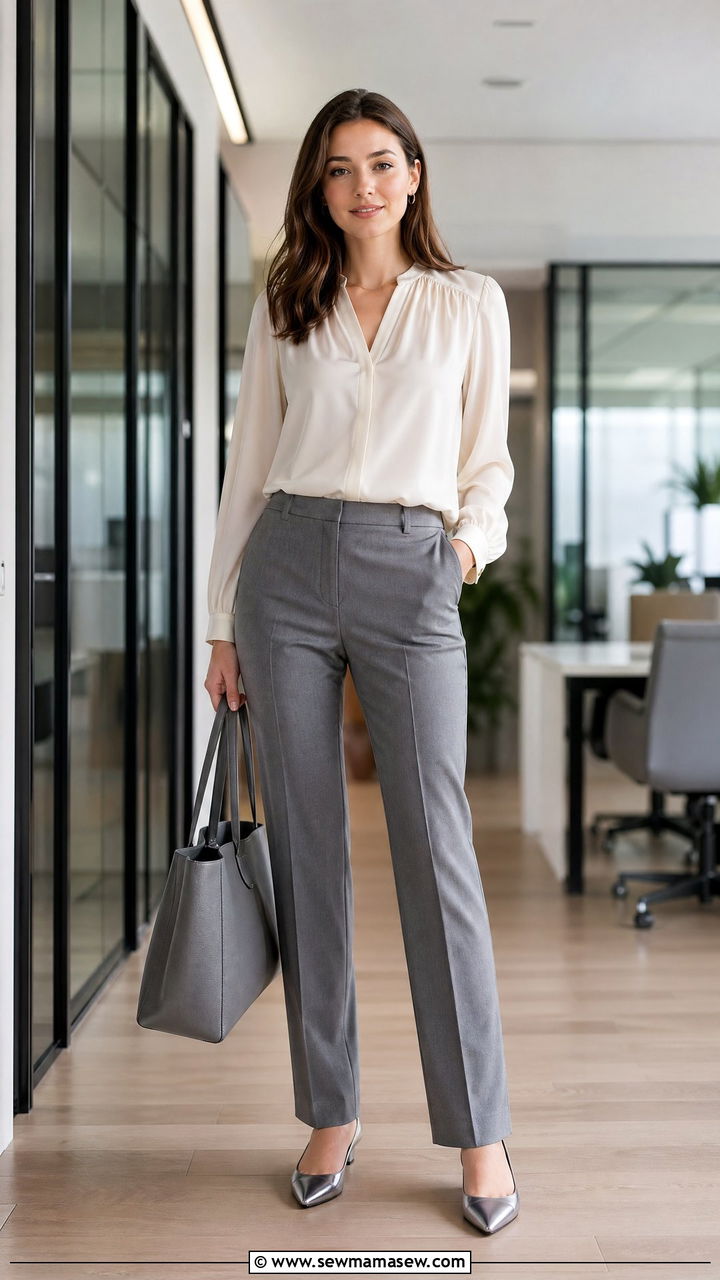 Grey Tailored Pants With Ivory Silk Blouse Summer Interview Outfit - 35 Summer job interview outfits