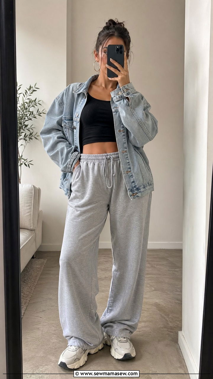 Grey Track Pants With Crop Top And Denim Jacket - 35 track pants outfit ideas