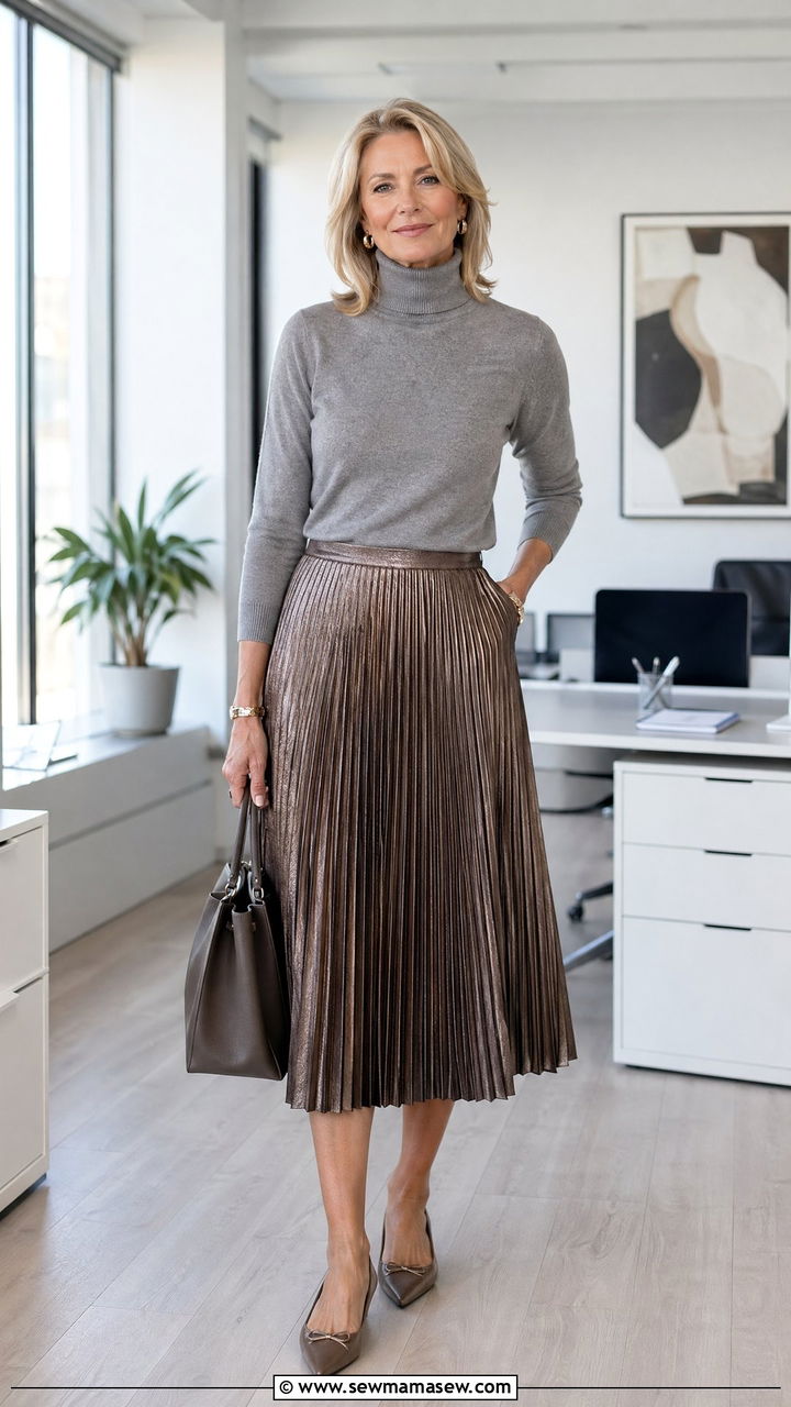 Grey Turtleneck Sweater with Pleated Midi Skirt - 35 Classy outfits for mature women