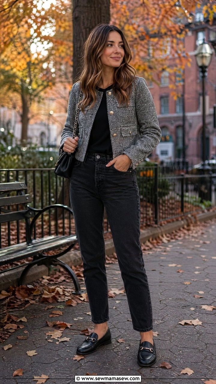 Grey Tweed Jacket with Black Mom Jeans and Loafers - 35 cute office outfits