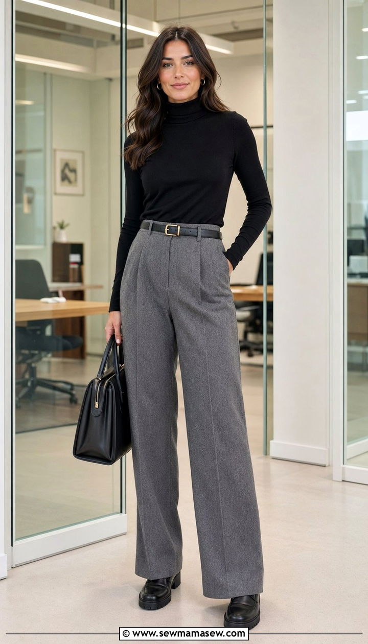 Grey Wide Leg Pants With Black Turtleneck And Loafers - 30 Wide leg pants outfit ideas for work