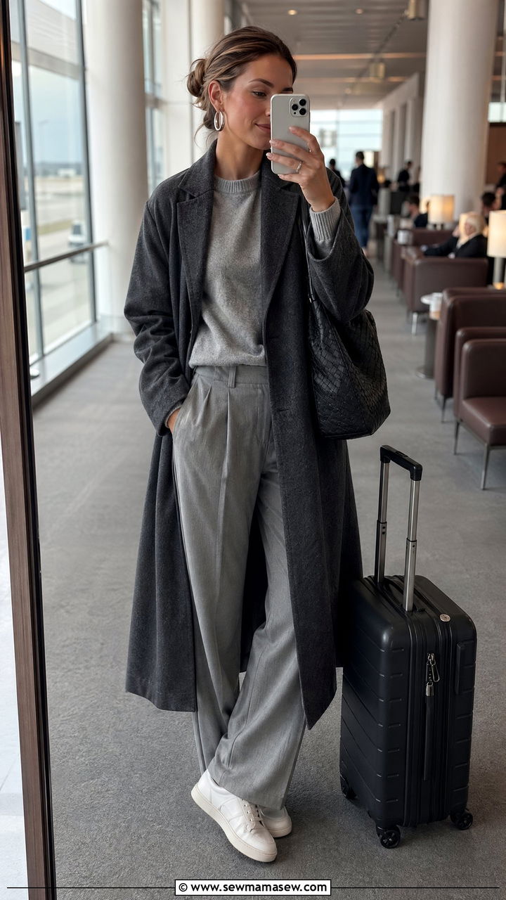 Grey Wool Coat Over a Monochrome Knit Set - 35 Wool coat outfit ideas