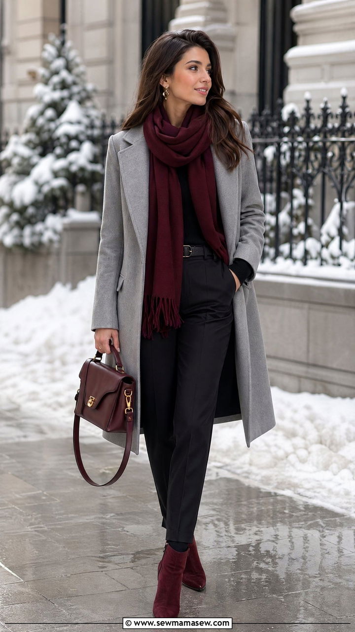 Grey Wool Coat with Burgundy Accessories - 35 Wool coat outfit ideas