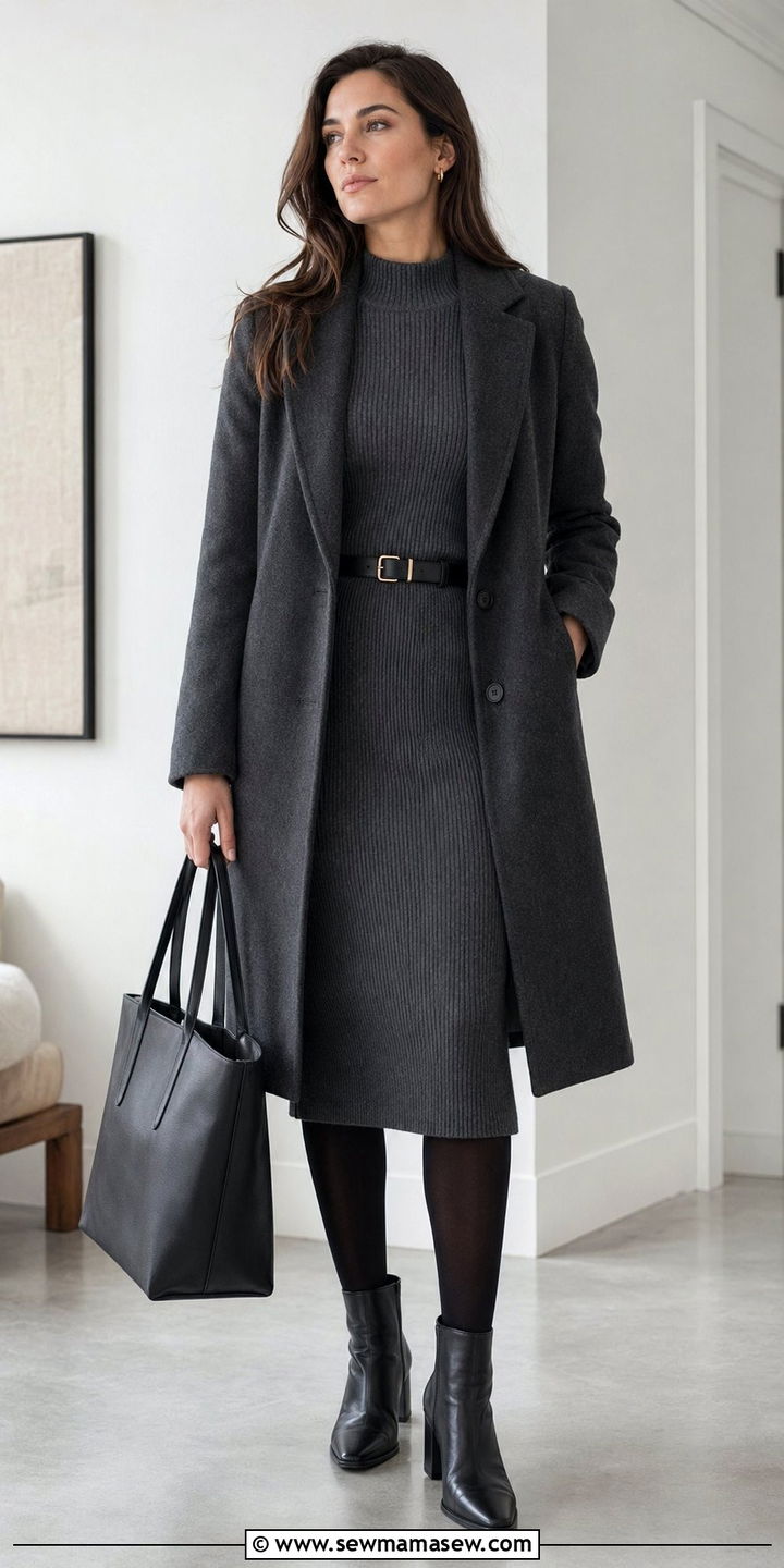 Grey Wool Coat with Midi Sweater Dress - 30 Workwear capsule wardrobe