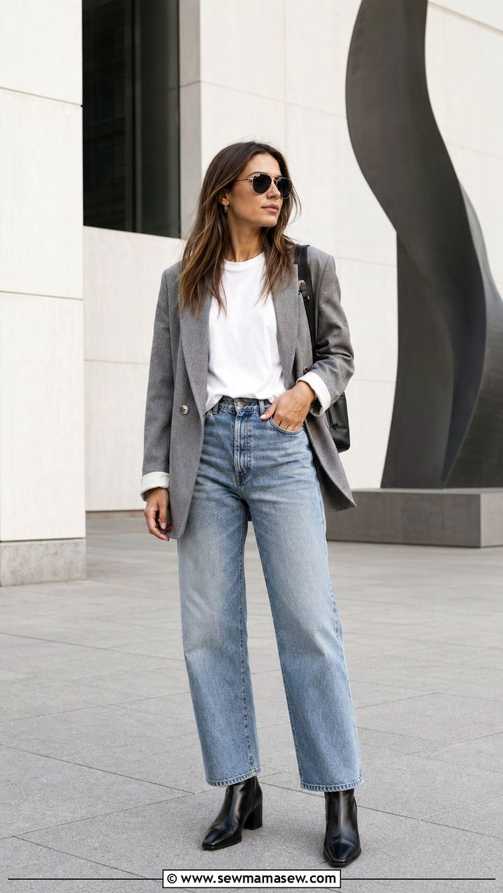 Grey blazer and relaxed denim - 35 Museum visit outfit ideas