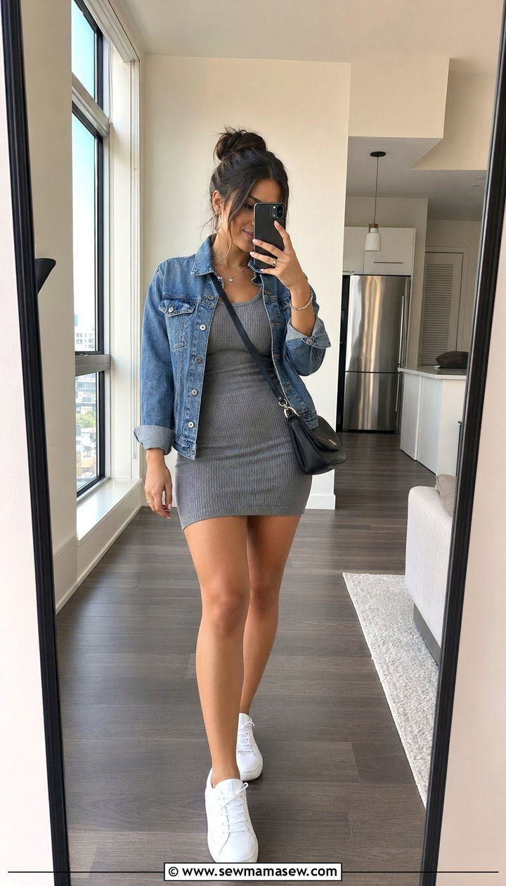 Grey bodycon dress with denim jacket and sneakers - 30 Bodycon dress outfit ideas with a denim jacket