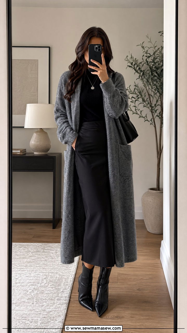 Grey cardigan with a black midi skirt - 35 classy outfit ideas for women