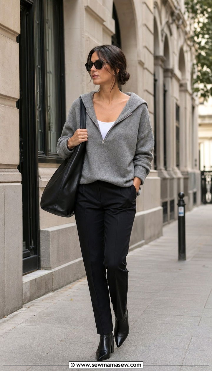 Grey cashmere hoodie and tailored black pants - 35 quiet luxury outfits for women