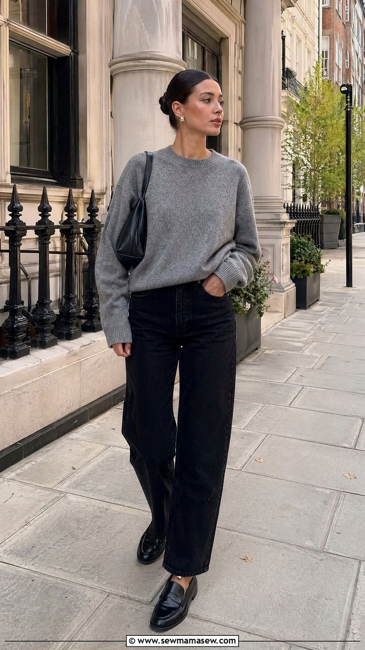 Grey crewneck sweater and black straight leg jeans outfit - 35 Clean girl aesthetic outfit ideas