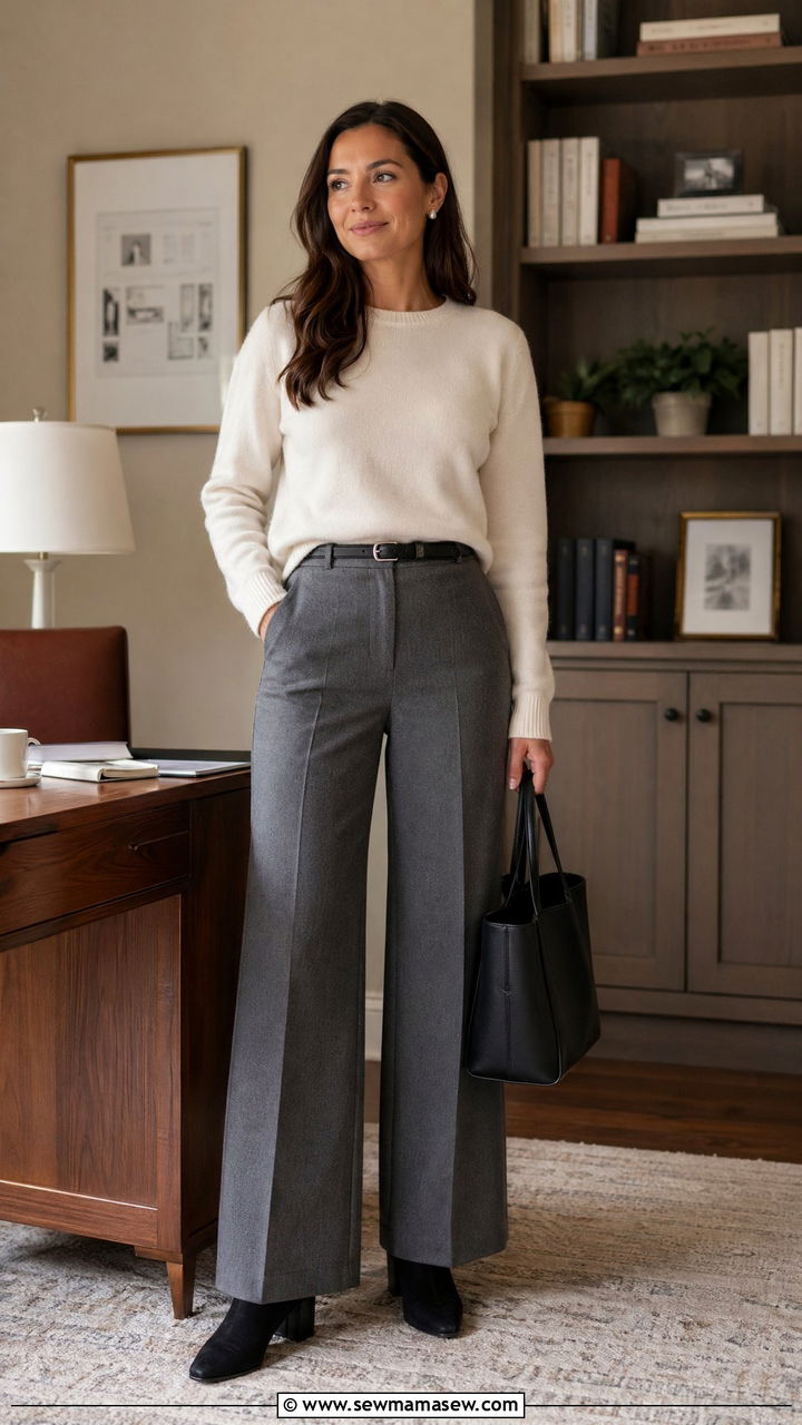 Grey flannel trousers and cashmere sweater office look - 35 Corporate outfit ideas for women