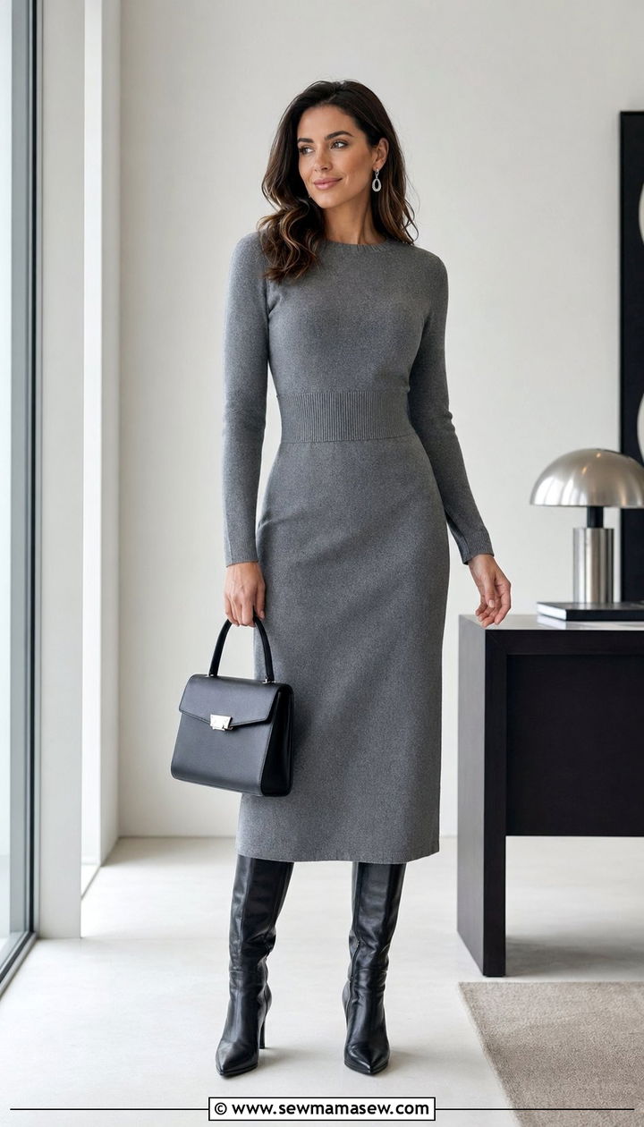 Grey knit dress with knee high boots - 35 Quiet luxury outfit ideas for work