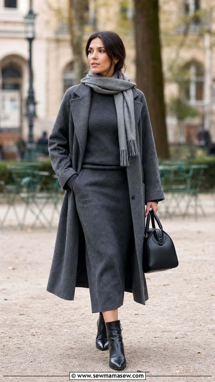 Grey marl knit dress and grey coat - 35 quiet luxury outfits for women