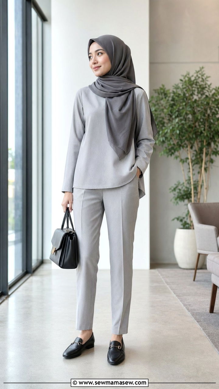 Grey monochrome co ord with loafers - 35 Modest outfit ideas for hijabis