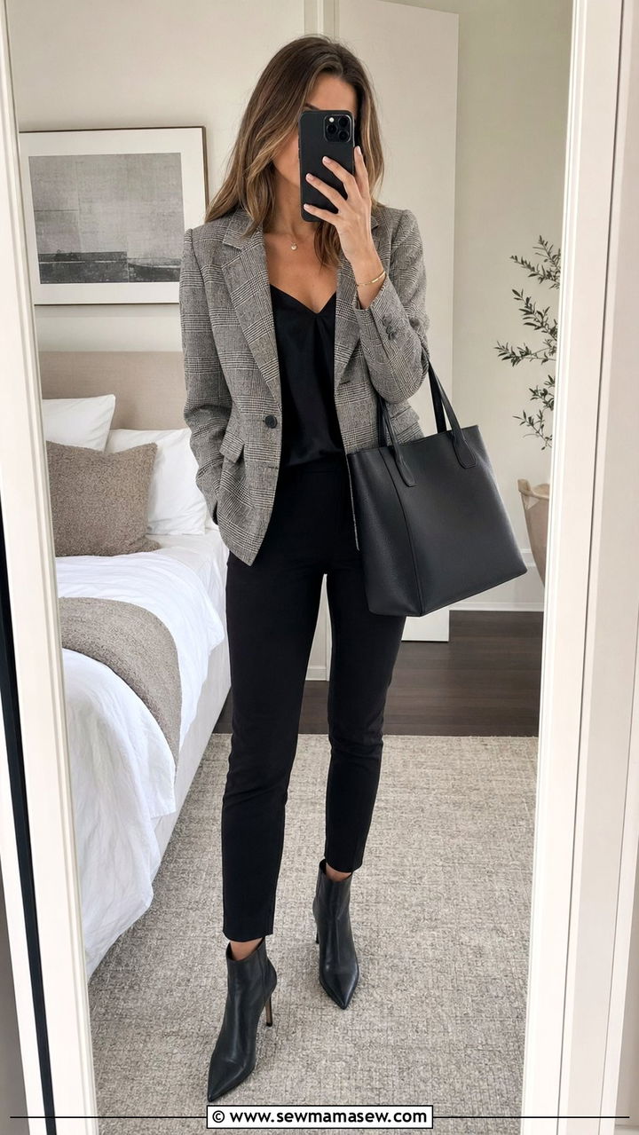 Grey plaid blazer with black slim trousers - 30 work outfits for women over 30