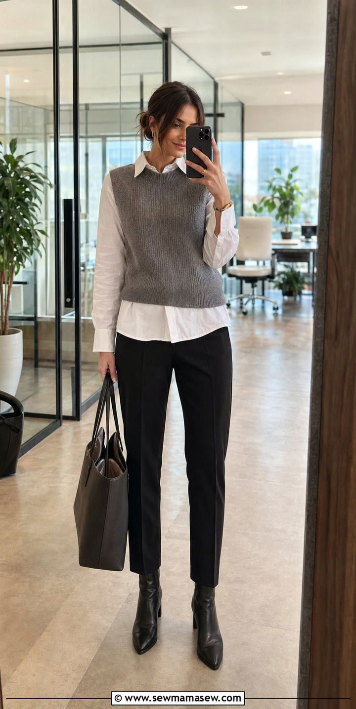 Grey sweater vest with black pants and ankle boots - 35 Office dress code outfit ideas