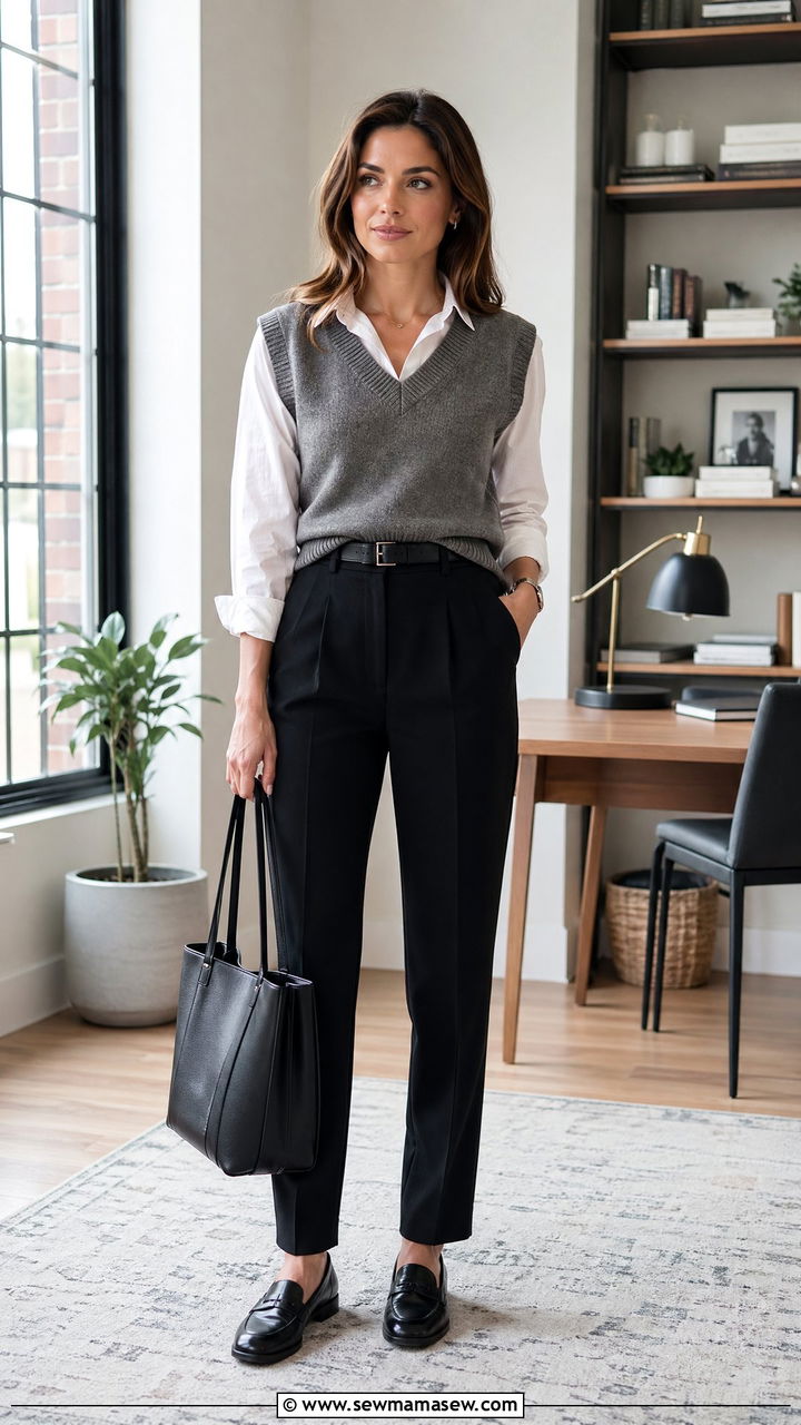 Grey sweater vest with black trousers interview outfit - 35 Teacher interview outfit ideas