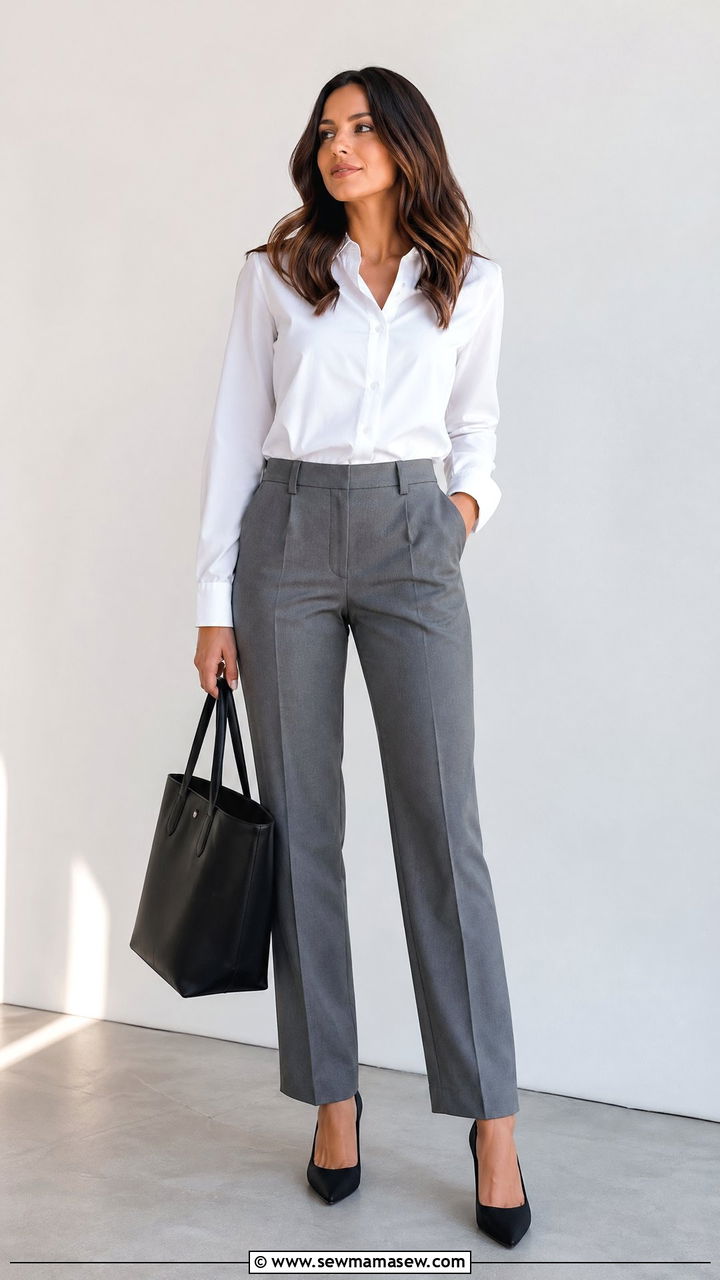 Grey tailored trousers with a white button down shirt - 35 classy outfit ideas for women