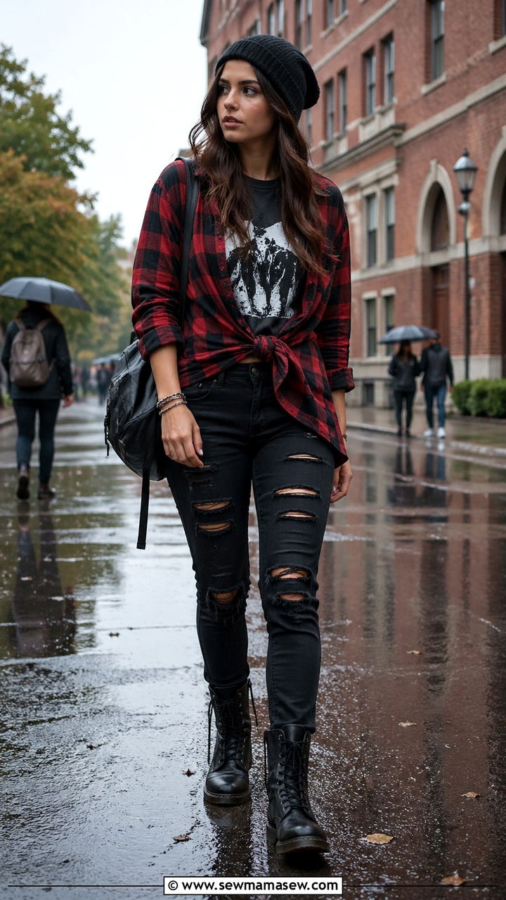 Grunge Flannel Shirt and Ripped Jeans School Outfit - 30 school outfits aesthetic