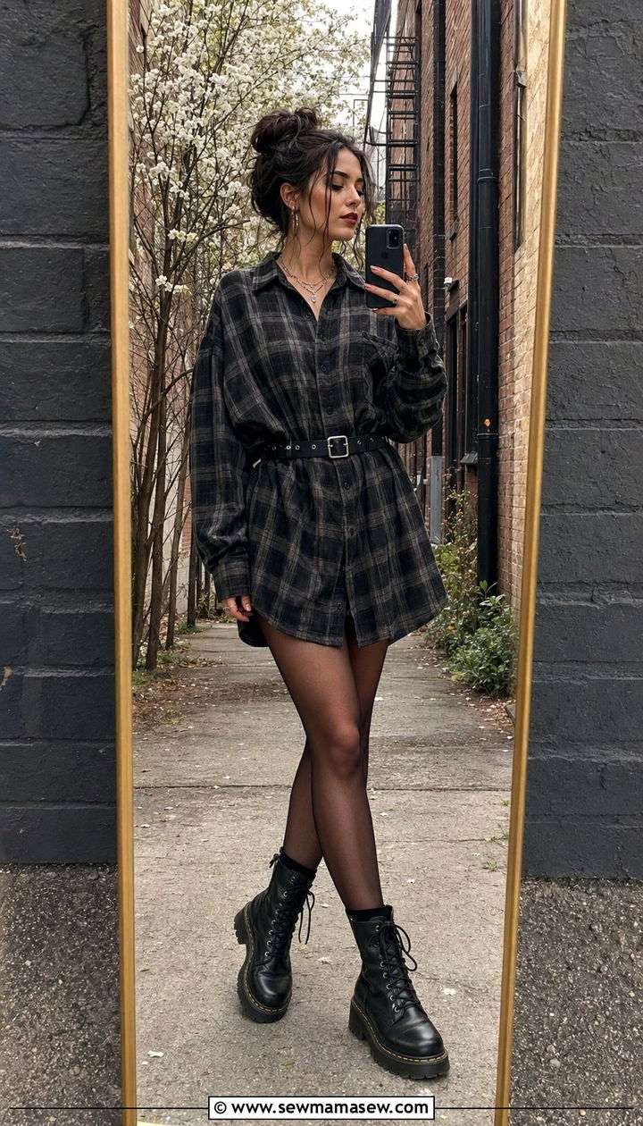 Grunge plaid shirt dress and combat boots - 35 Moody spring outfit ideas