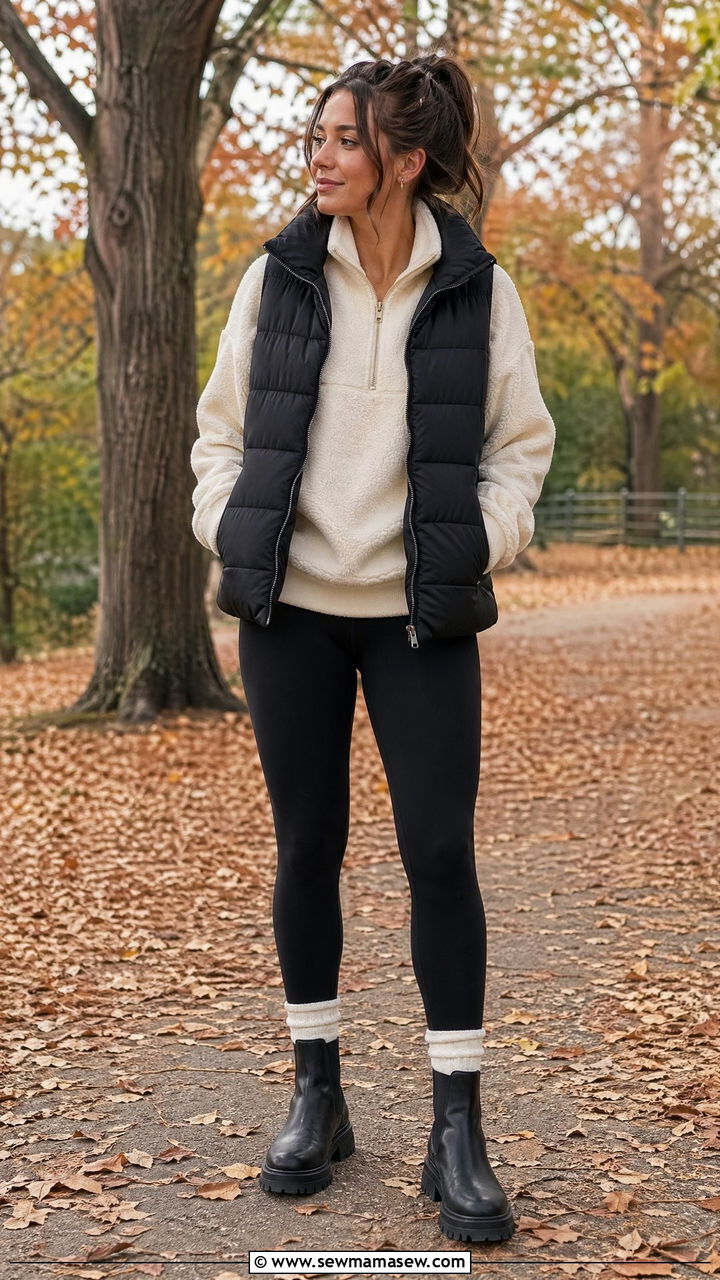 Half Zip Fleece with Leggings and Puffer Vest - 35 sporty chic outfits for women