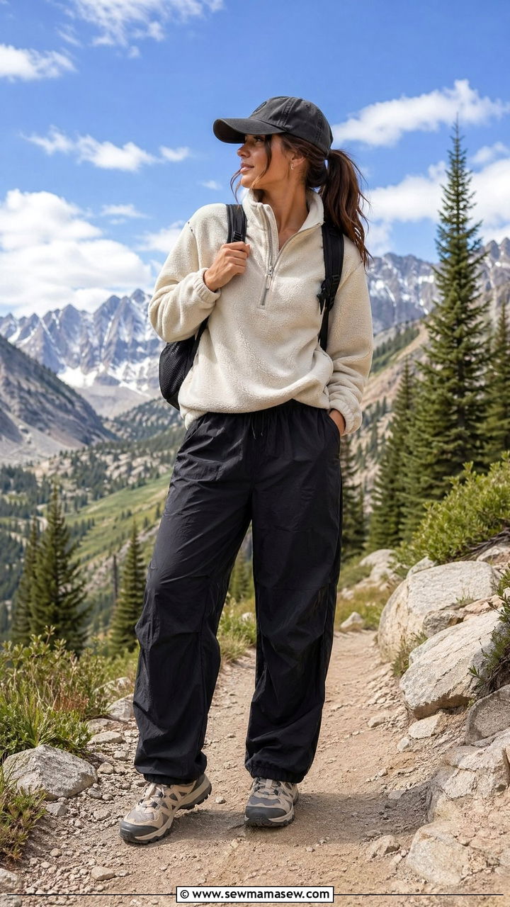 Half Zip Pullover With Parachute Pants And Trail Sneakers - 35 casual outfits aesthetic