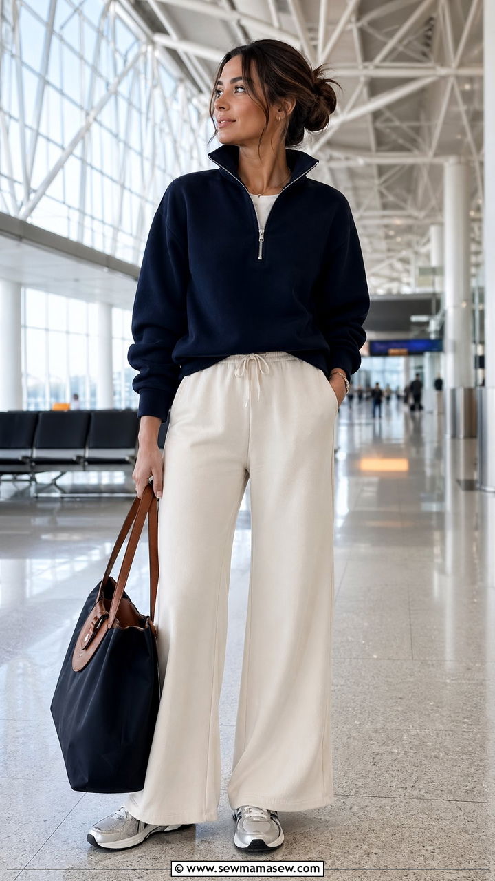 Half Zip Pullover with Wide Leg Pants - 40 airport outfits ideas