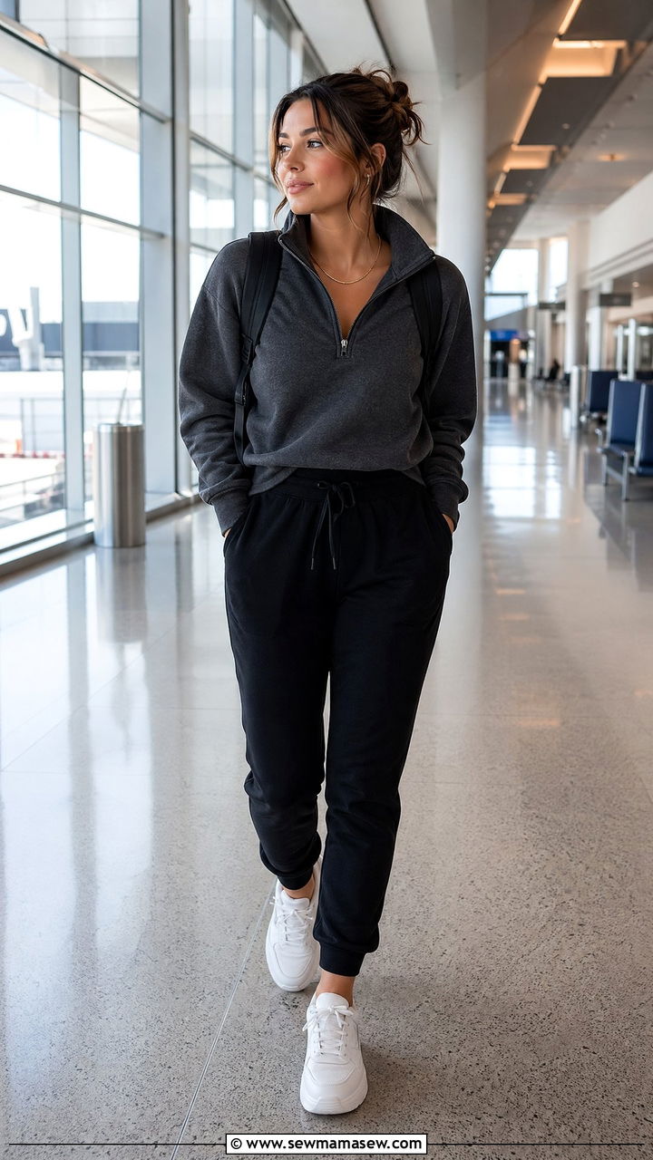 Half Zip Sweatshirt With High Waisted Joggers And Sneakers - 35 Comfortable airport outfits