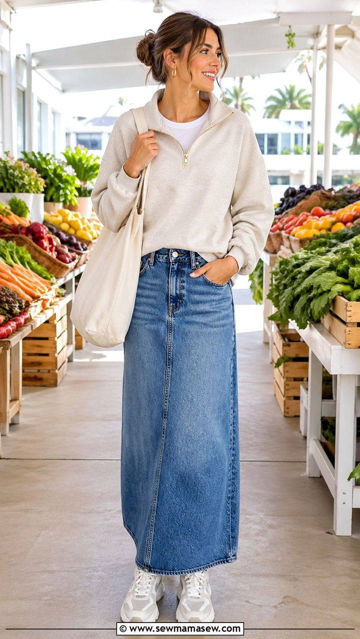 Half Zip Sweatshirt and Denim Maxi Skirt - 30 sporty chic outfits inspo