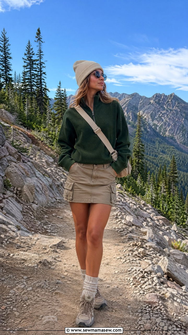 Half zip pullover and cargo mini skirt outfit - 35 Sporty chic outfit ideas