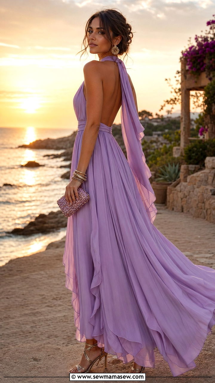 Halter Neck Chiffon Maxi Dress With Metallic Sandals - 35 Romantic outfit ideas