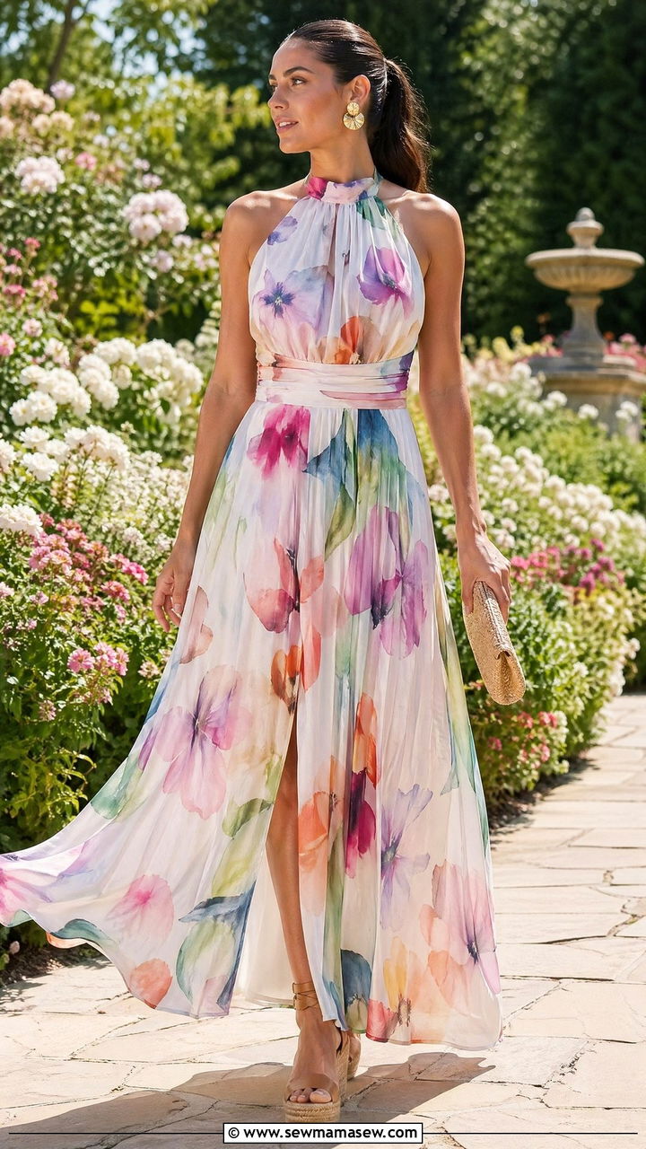 Halter Neck Floral Dress with Wedge Espadrilles - 35 Spring garden party outfit ideas