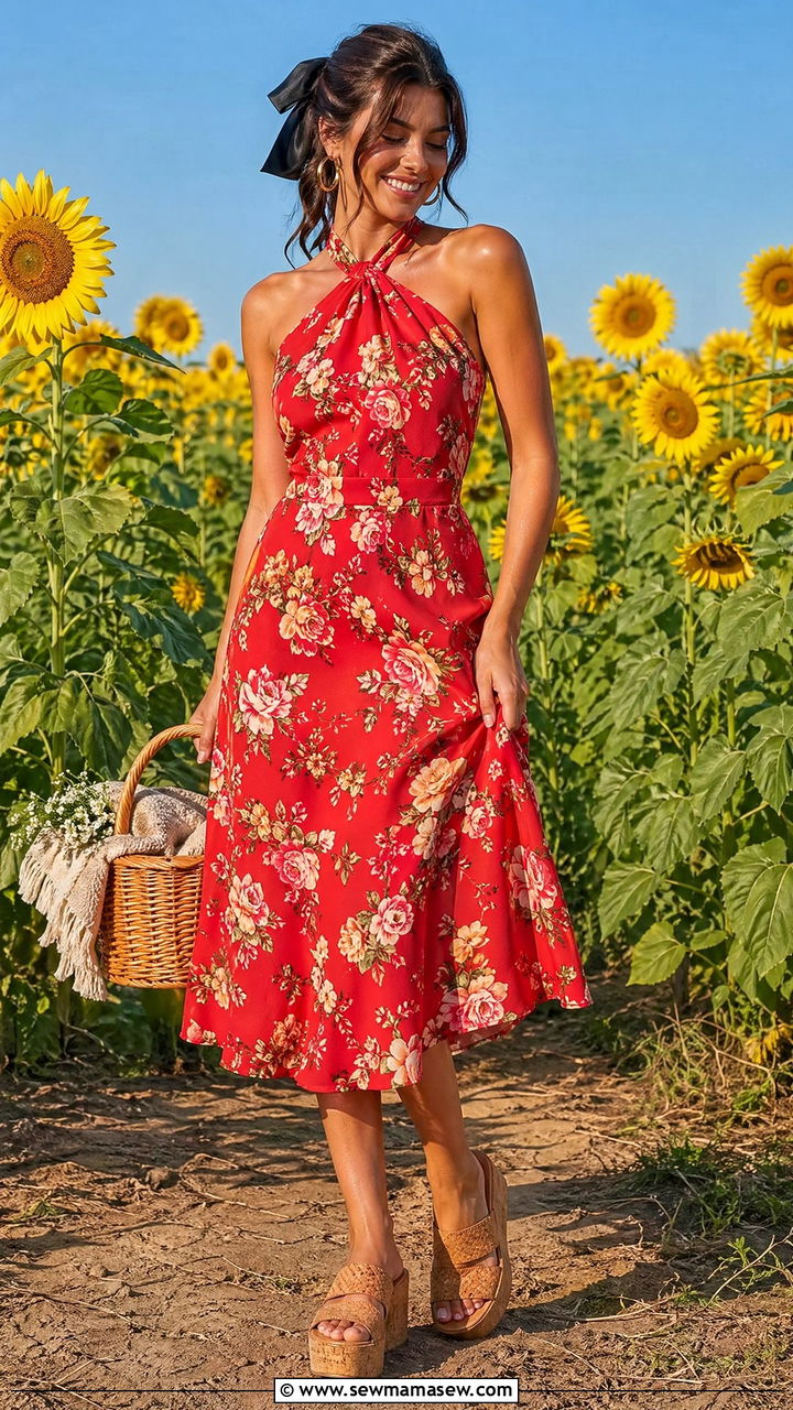 Halter Neck Floral Midi Dress And Cork Sandals - 35 Summer picnic outfits
