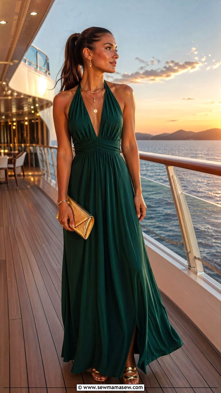 Halter Neck Maxi Dress With Gold Jewelry - 35 Cruise dinner outfit ideas