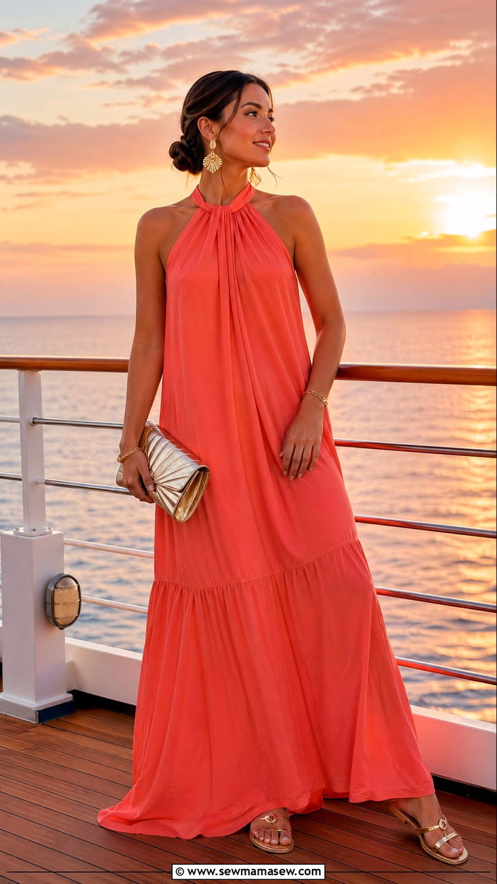 Halter Neck Maxi Dress With Gold Sandals - 35 summer cruise outfit ideas
