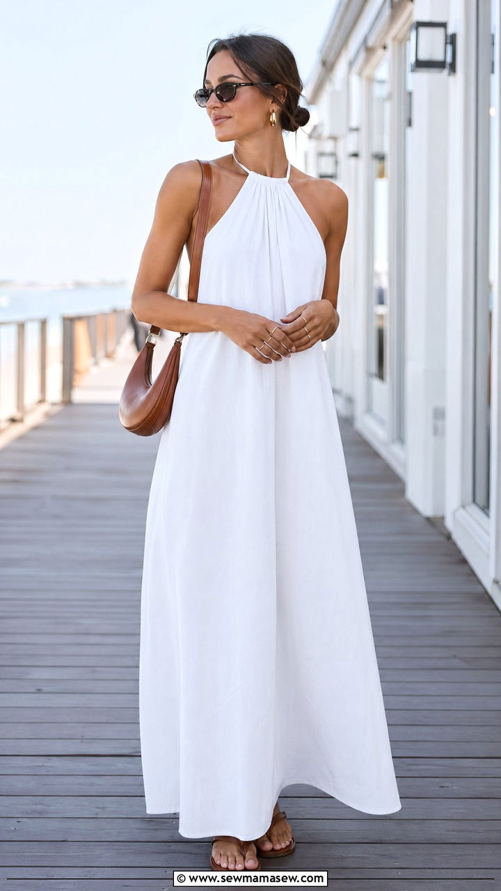 Halter Neck Maxi Dress with Minimal Jewelry and Flat Sandals - 35 Summer outfits with maxi dresses