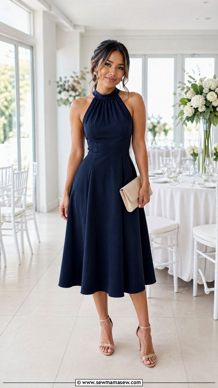 Halter Neck Midi Dress With Nude Heels Petite Wedding Guest Outfit - 35 Wedding guest outfits for petite women