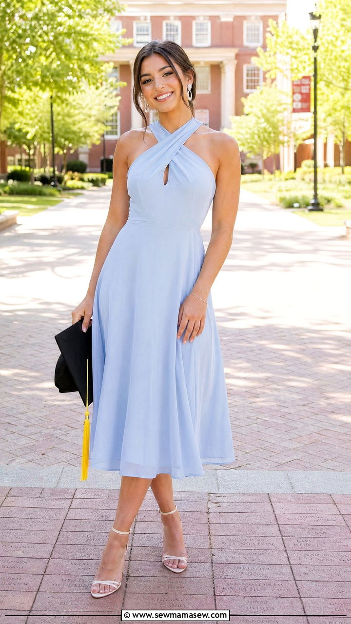 Halter Neck Midi Dress With Strappy Heels - 35 College graduation outfit ideas