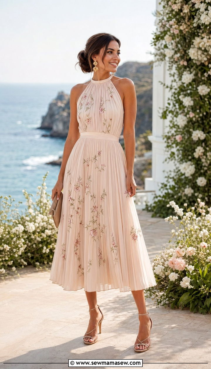 Halter Neck Pleated Midi Dress with Nude Strappy Heels - 35 Outdoor wedding guest outfit ideas