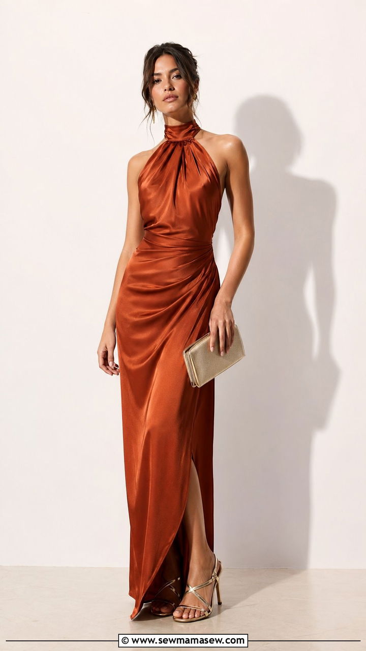 Halter Neck Satin Maxi Dress - 30 wedding guest outfits ideas